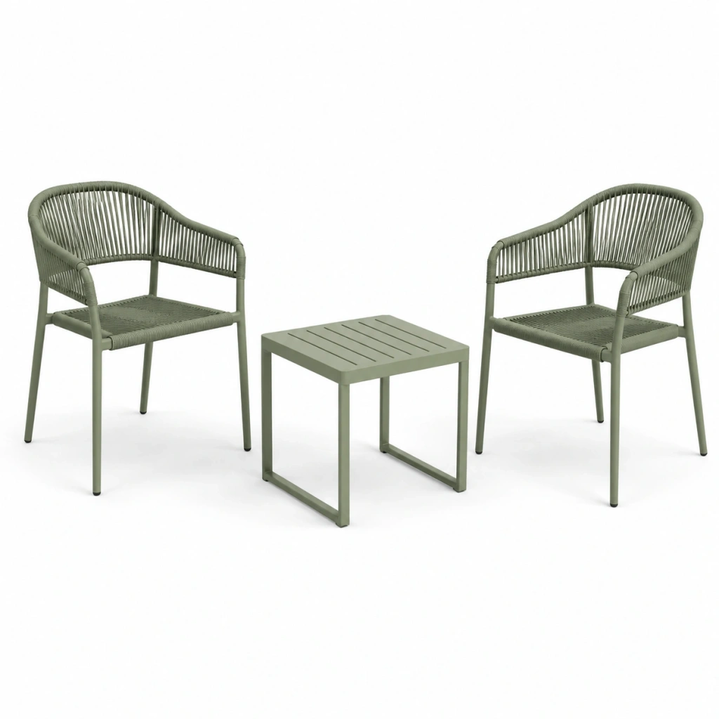 Set da giardino con 2 poltrone e tavolino 60 x 60 cm in metallo verde salvia - stile moderno