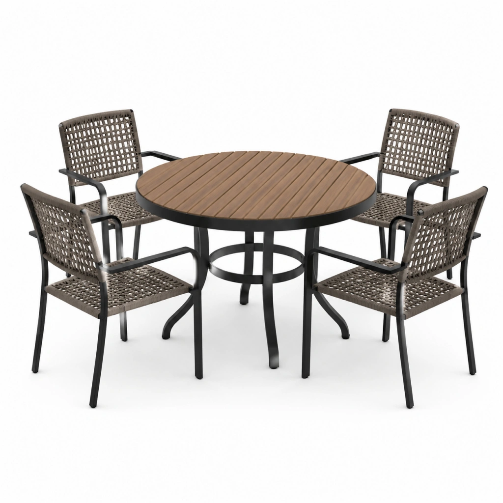 Set da giardino 5 pezzi con tavolo rotondo 110 cm e 4 sedie - metallo e intreccio marrone nero