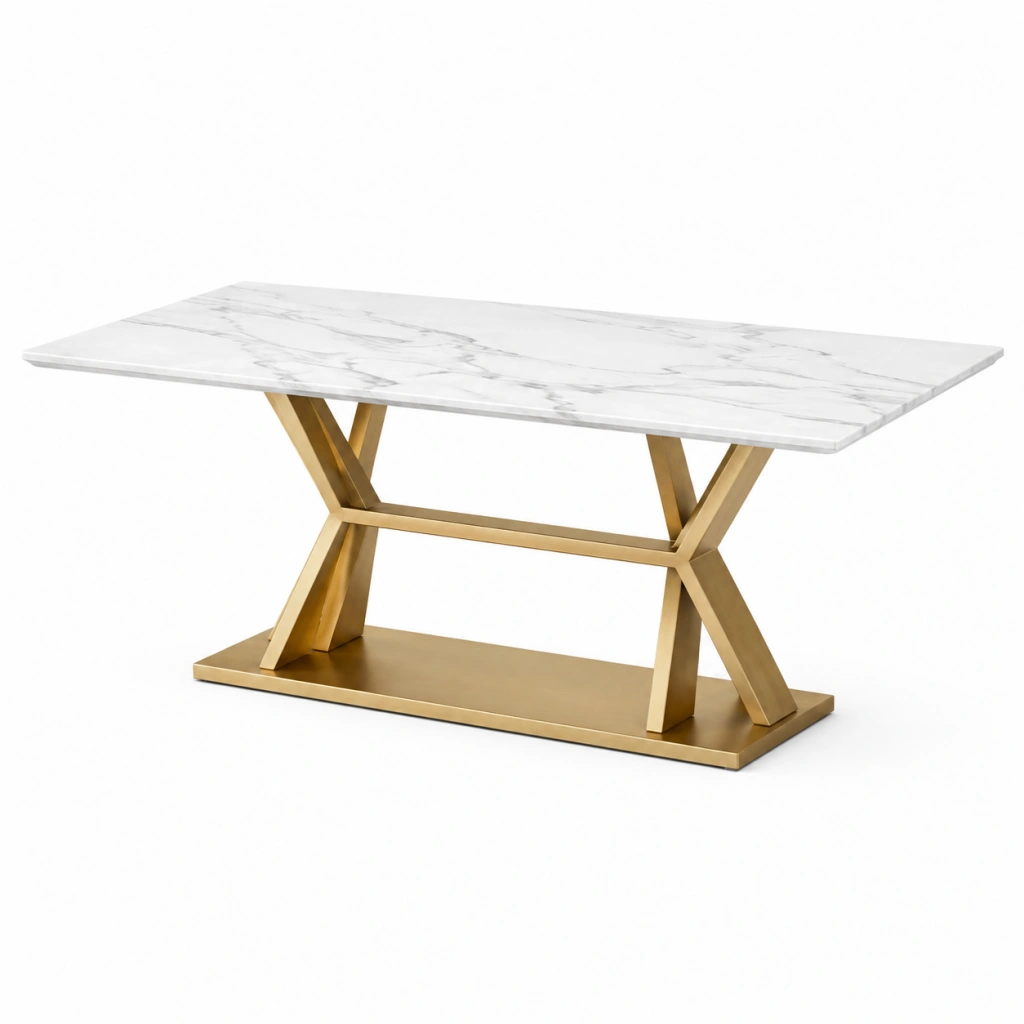 Tavolo da pranzo 180 x 90 x 75 cm effetto marmo bianco e oro con base in metallo stile moderno