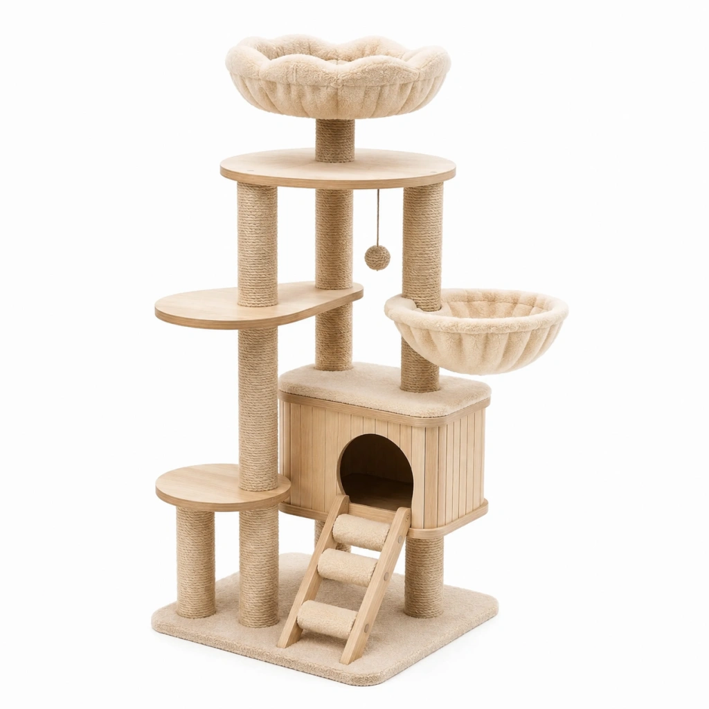 Albero tiragraffi 60 x 50 x 145 cm in legno e sisal beige con cuccia piattaforme e amache