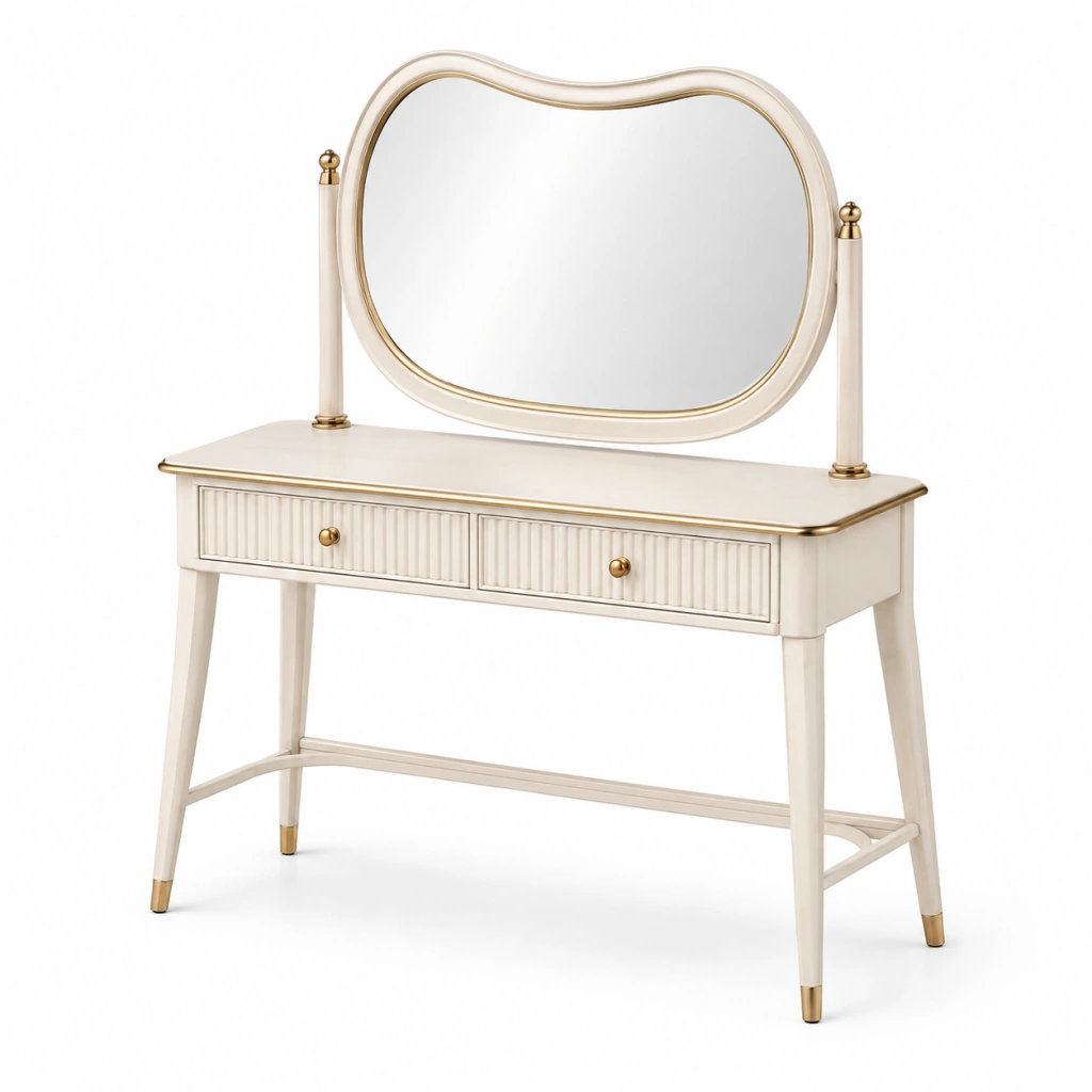 Toeletta con specchio 100 x 45 x 150 cm in legno bianco e oro con 2 cassetti stile classico