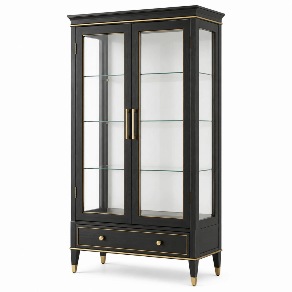 Vetrina 90 x 40 x 190 cm in legno nero e vetro con cassetto stile classico