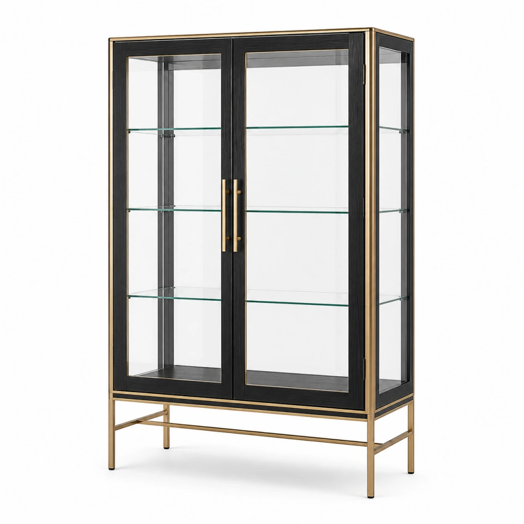 Vetrina espositiva 100 x 40 x 180 cm in vetro nero e metallo dorato con ante