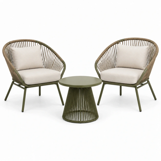 Set da giardino con 2 poltrone e tavolino 70 cm in metallo verde oliva stile moderno
