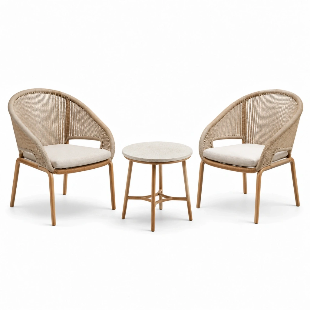 Set da giardino con 2 poltrone e tavolino rotondo in legno e corda beige - 67 x 65 x 78 cm