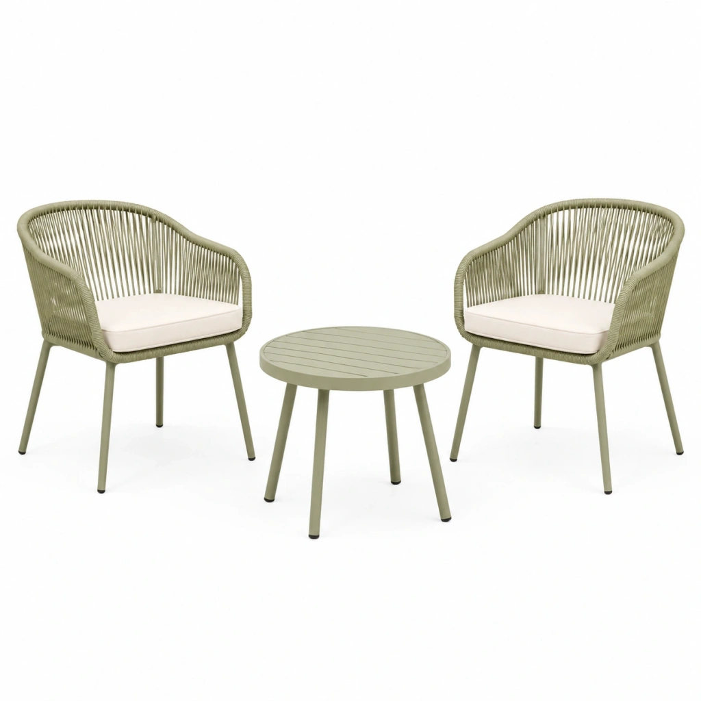 Set da giardino 3 pezzi - due poltrone e tavolo rotondo diametro 60 cm in metallo verde salvia