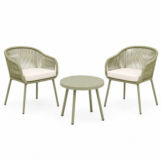 Set da giardino 3 pezzi - due poltrone e tavolo rotondo diametro 60 cm in metallo verde salvia