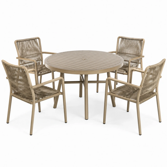 Set da pranzo da esterno 100 cm in metallo e corda beige - tavolo rotondo con 4 sedie