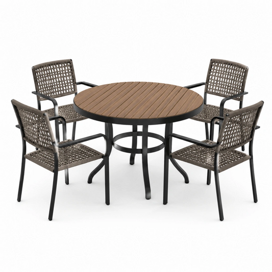 Set da giardino 5 pezzi con tavolo rotondo 110 cm e 4 sedie - metallo e intreccio marrone nero