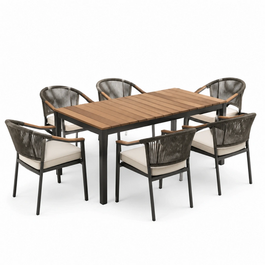 Set da pranzo da esterno 160 x 90 cm in alluminio e corda grigio marrone - 6 posti moderno