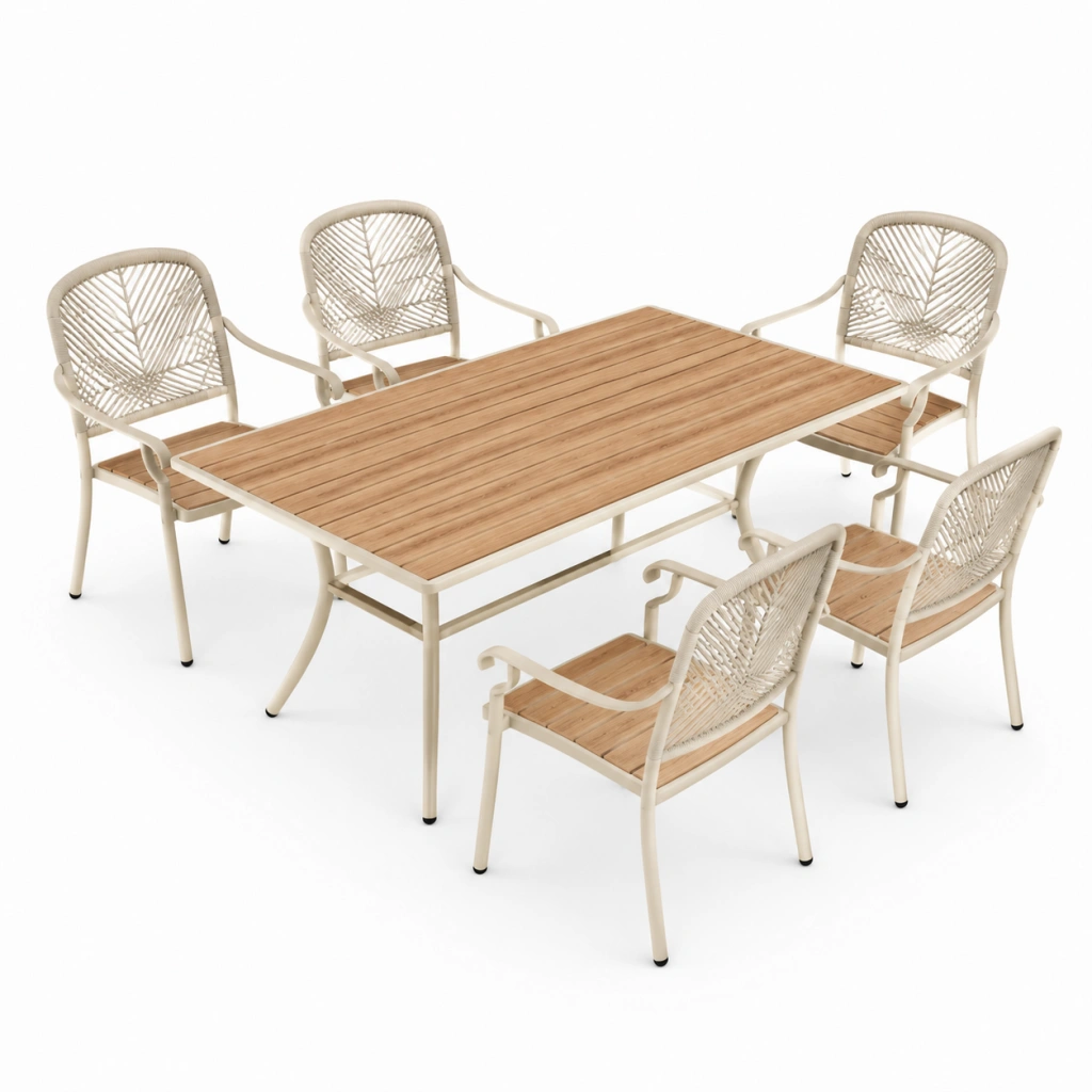 Set da pranzo da giardino 7 pezzi 150 x 90 cm in metallo beige e legno con sedie intrecciate