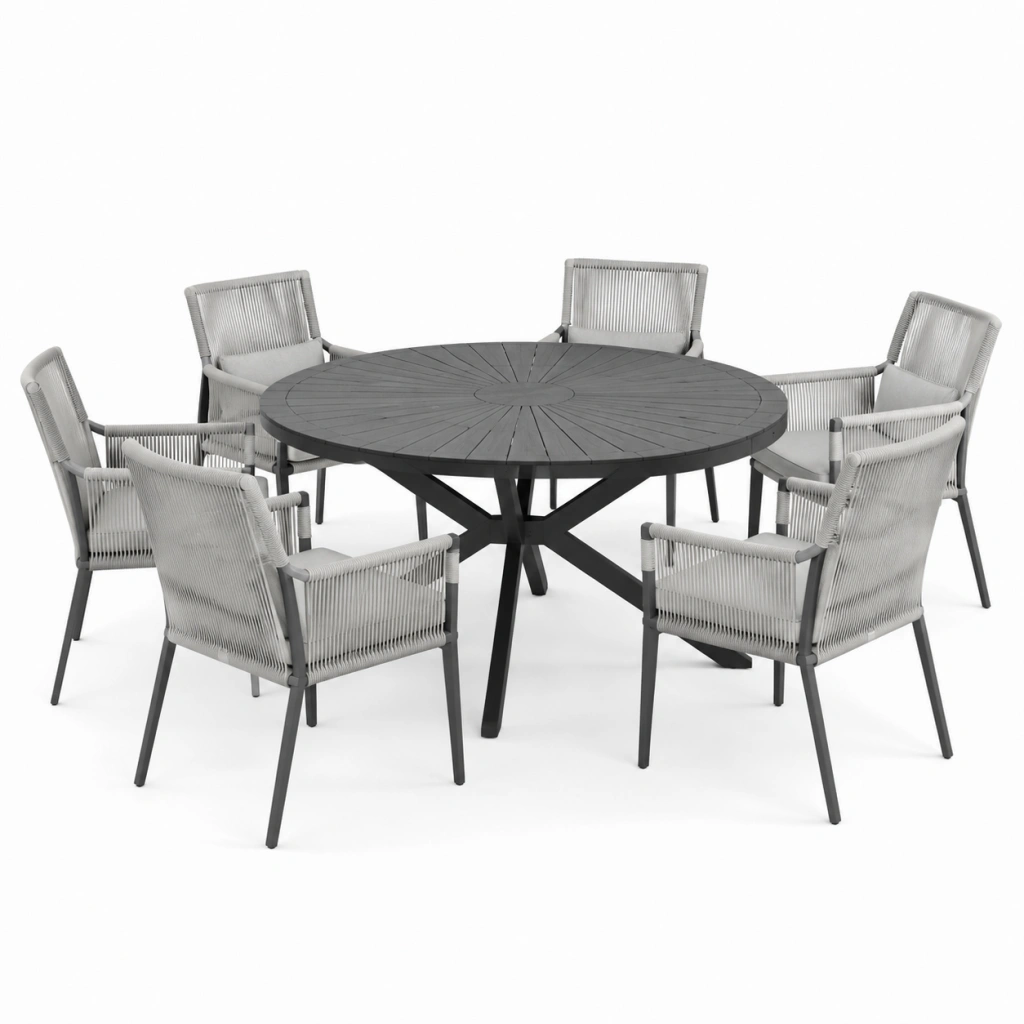 Set da pranzo da giardino 7 pezzi - tavolo rotondo diametro 150 cm e sedie in corda grigio antracite stile contemporaneo