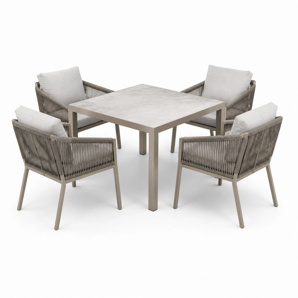 Set da pranzo da esterno 90 x 90 cm in metallo e corda grigio tortora - tavolo quadrato con 4 sedie moderne