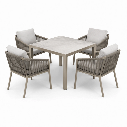 Set da pranzo da esterno 90 x 90 cm in metallo e corda grigio tortora - tavolo quadrato con 4 sedie moderne