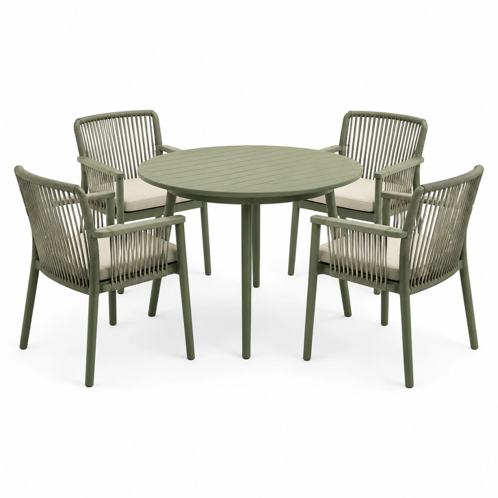 Set da pranzo da esterno 4 posti tavolo rotondo 100 cm metallo verde con sedie in corda intrecciata