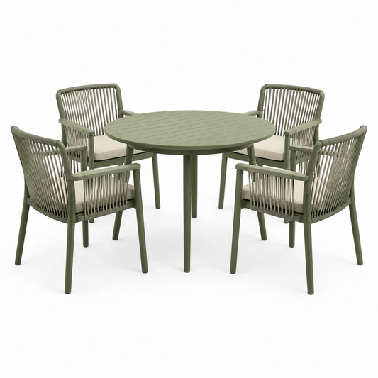 Set da pranzo da esterno 4 posti tavolo rotondo 100 cm metallo verde con sedie in corda intrecciata