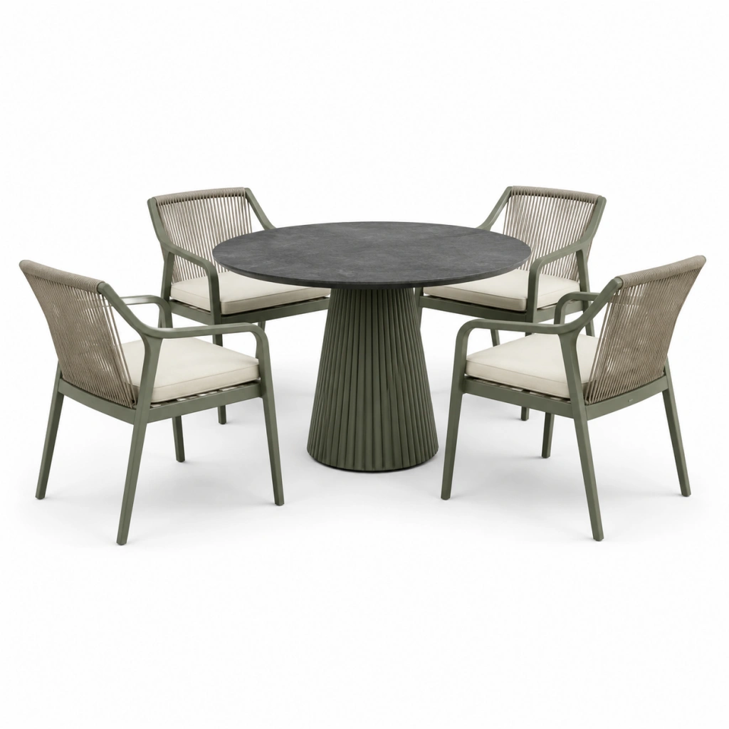 Set da pranzo da esterno 5 pezzi tavolo Ø120 cm metallo verde con sedie in corda stile moderno