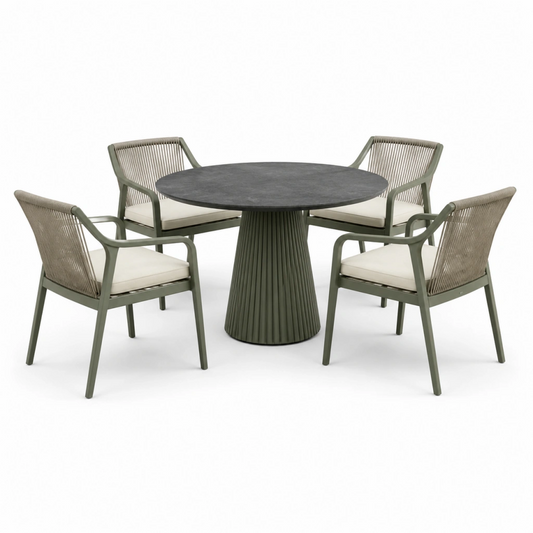 Set da pranzo da esterno 5 pezzi tavolo Ø120 cm metallo verde con sedie in corda stile moderno