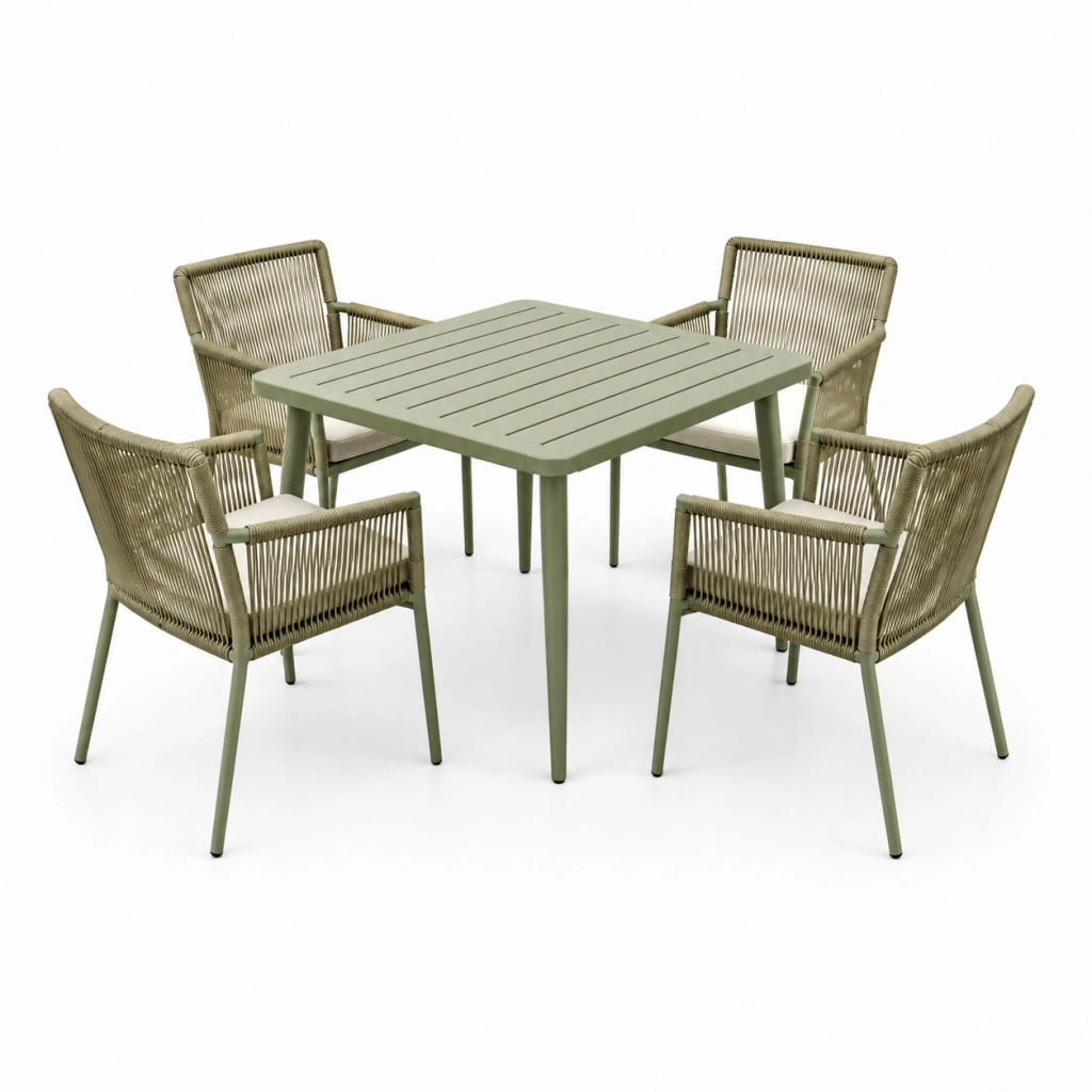 Set tavolo da giardino quadrato 90 x 90 cm con 4 sedie in metallo e corda verde stile contemporaneo