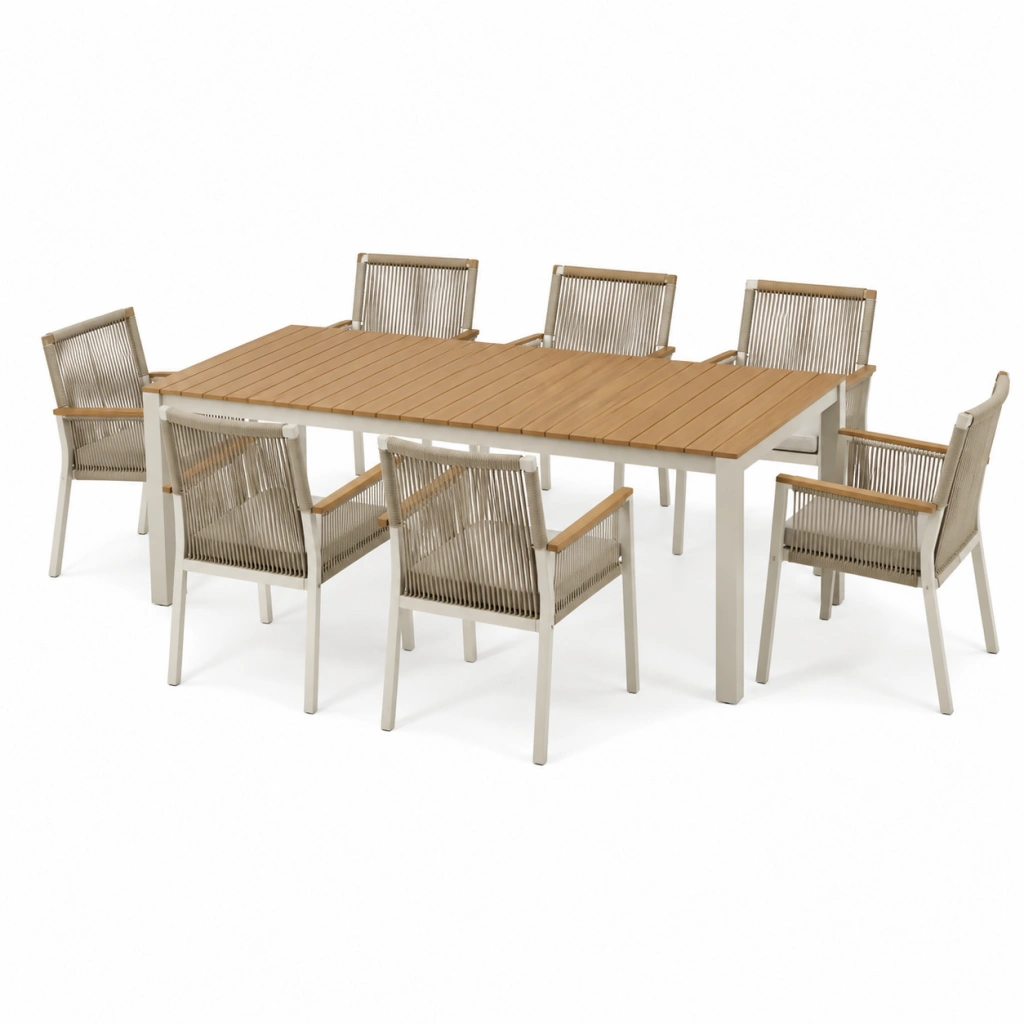Set da pranzo da esterno 200 x 100 cm in legno e metallo bianco con 6 sedie intrecciate