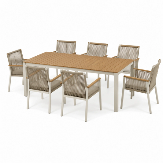 Set da pranzo da esterno 200 x 100 cm in legno e metallo bianco con 6 sedie intrecciate