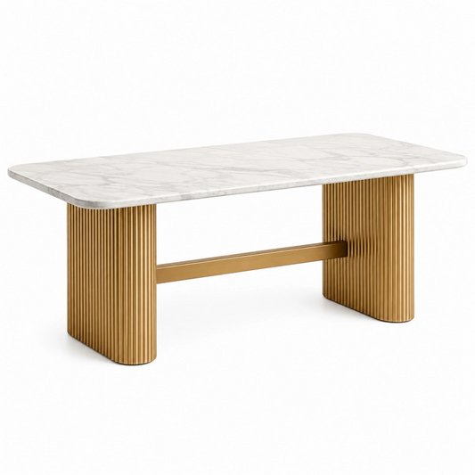 Tavolo da pranzo 140 x 70 x 75 cm in marmo bianco e metallo dorato stile moderno