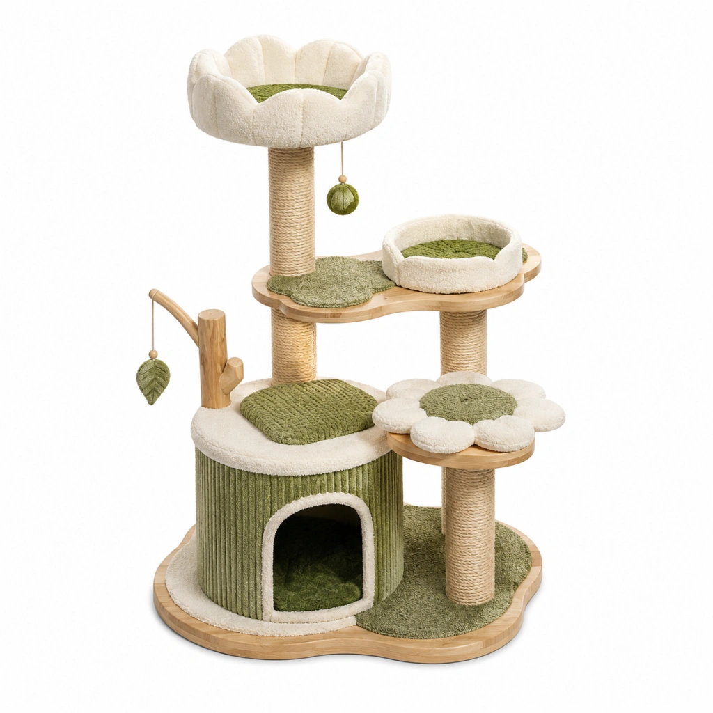 Albero tiragraffi per gatti 60 x 60 x 120 cm in sisal e peluche crema verde con cuccia e piattaforme