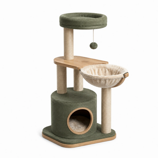 Tiragraffi per gatti 60 x 50 x 120 cm in legno sisal e tessuto verde - torre con cuccia amaca e piattaforma