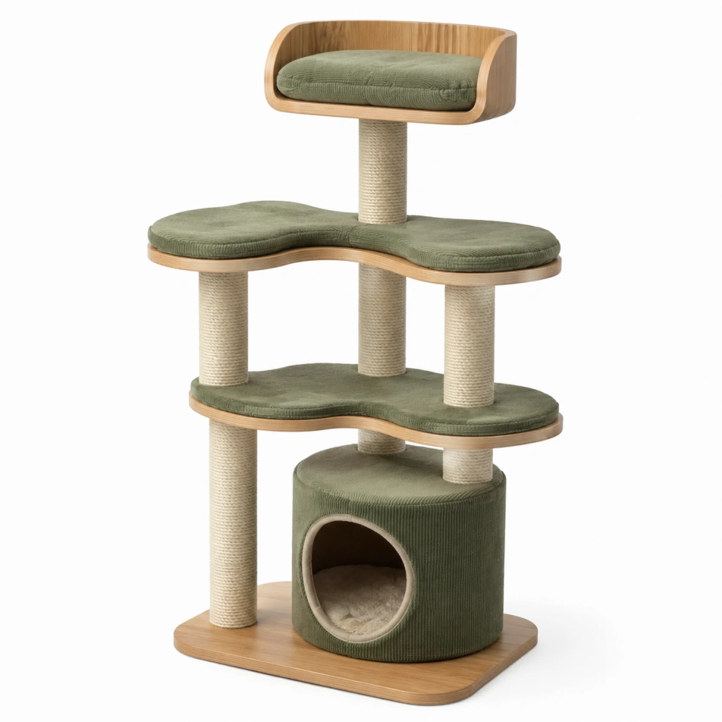 Tiragraffi per gatti 60 x 50 x 120 cm in legno verde con colonne in sisal e cuccia