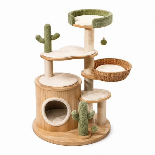 Tiragraffi per gatti 60 x 60 x 130 cm in legno beige e verde con sisal e cuccia