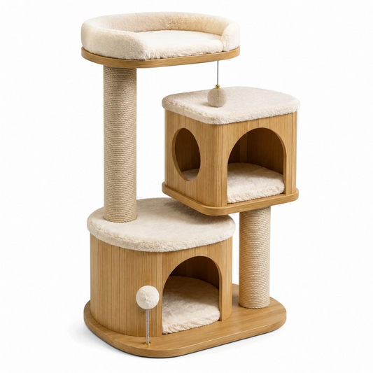 Tiragraffi per gatti 60 x 50 x 120 cm in bambù beige con cucce e colonne in sisal