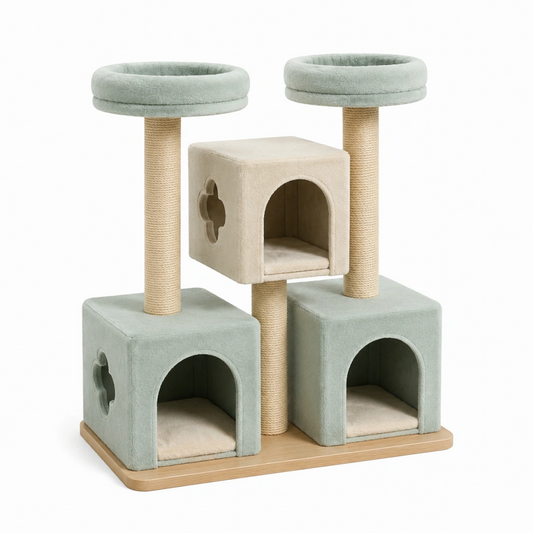 Tiragraffi per gatti 60 x 50 x 145 cm in tessuto verde salvia con colonne in sisal e cucce
