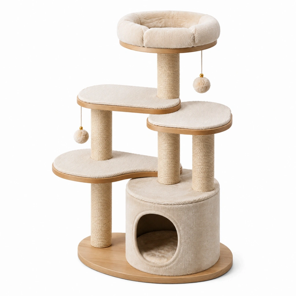 Tiragraffi per gatti 60 x 45 x 120 cm beige in legno sisal e tessuto con cuccia e piattaforme