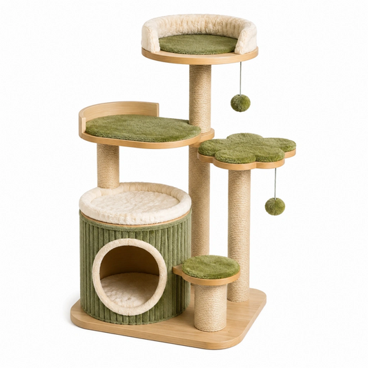 Tiragraffi per gatti 80 x 60 x 130 cm in legno sisal e tessuto verde/beige con cuccia e piattaforme
