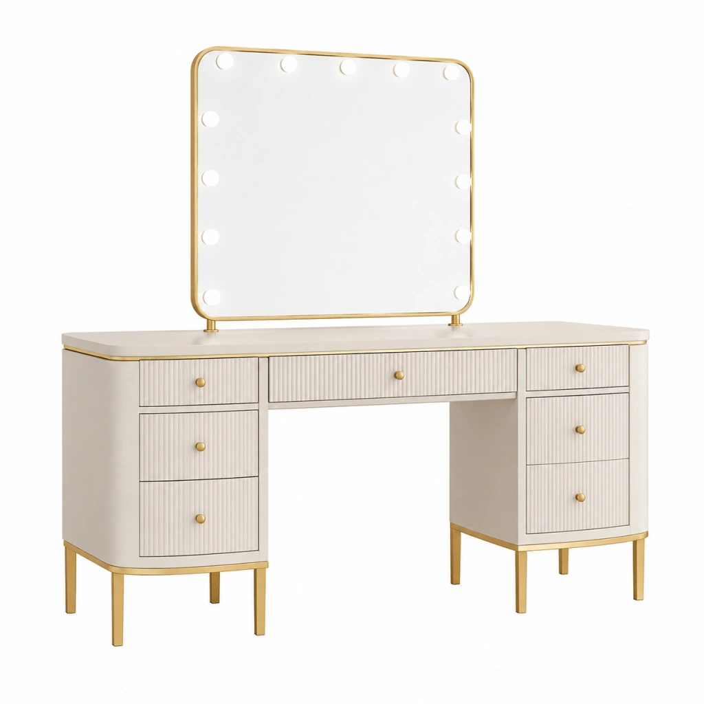 Tavolo da toeletta 120 x 45 x 145 cm in legno avorio con specchio illuminato stile moderno