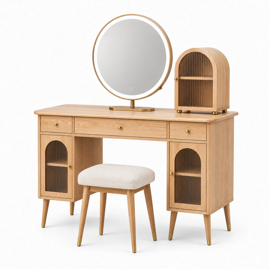 Set toeletta 120 x 45 x 150 cm in legno naturale con specchio illuminato e sgabello stile moderno