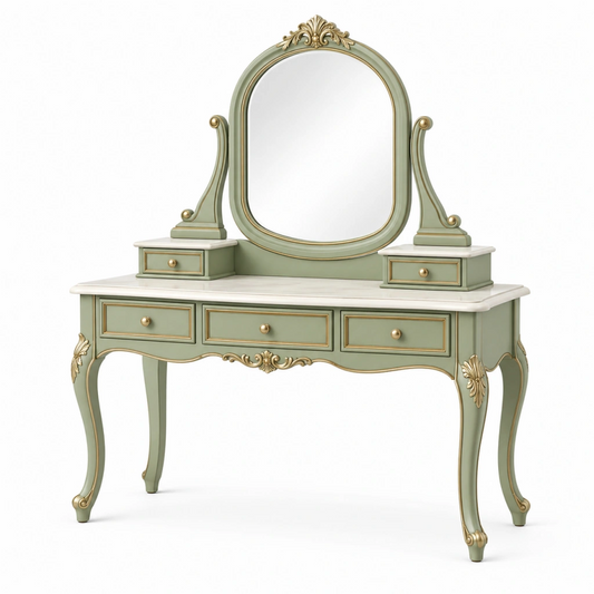 Tavolo da toeletta 120 x 45 x 160 cm in legno verde salvia con specchio e cassetti stile classico