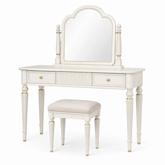 Set toeletta 100 x 45 x 150 cm in legno bianco con specchio e sgabello stile classico