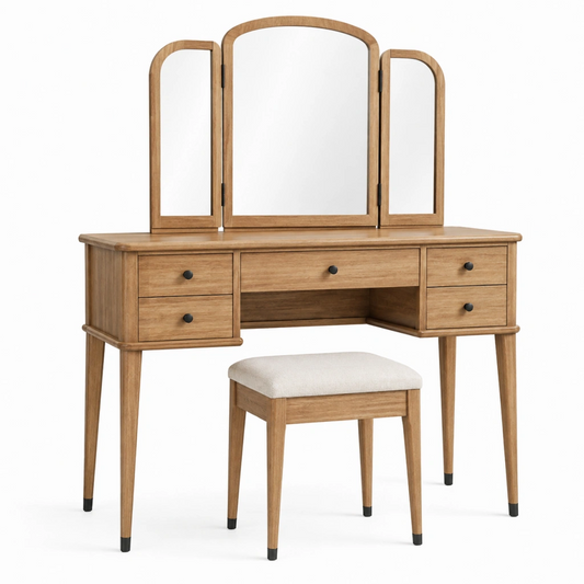 Toeletta con specchio 120 x 45 x 145 cm in legno marrone - stile classico con 5 cassetti e sgabello imbottito