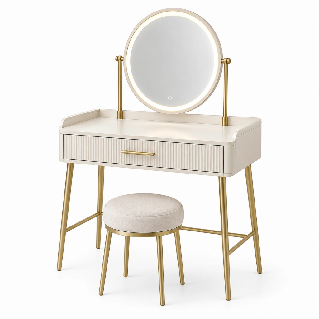Toeletta con specchio LED e sgabello 80 x 40 x 130 cm in legno crema e metallo dorato con cassetto