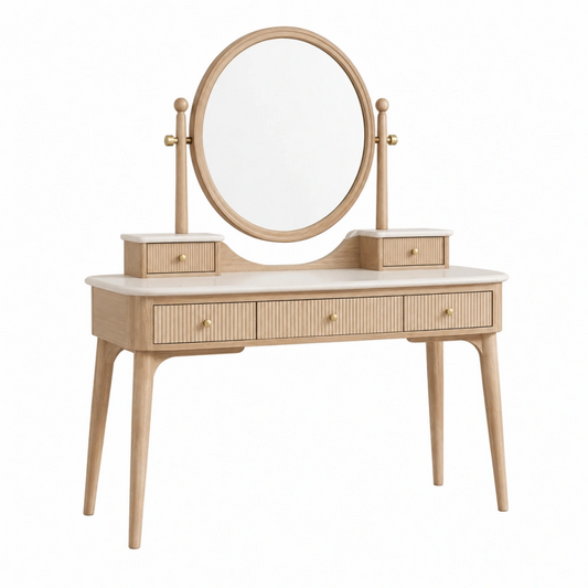 Toeletta 120 x 45 x 145 cm in legno beige con specchio rotondo e 5 cassetti stile nordico
