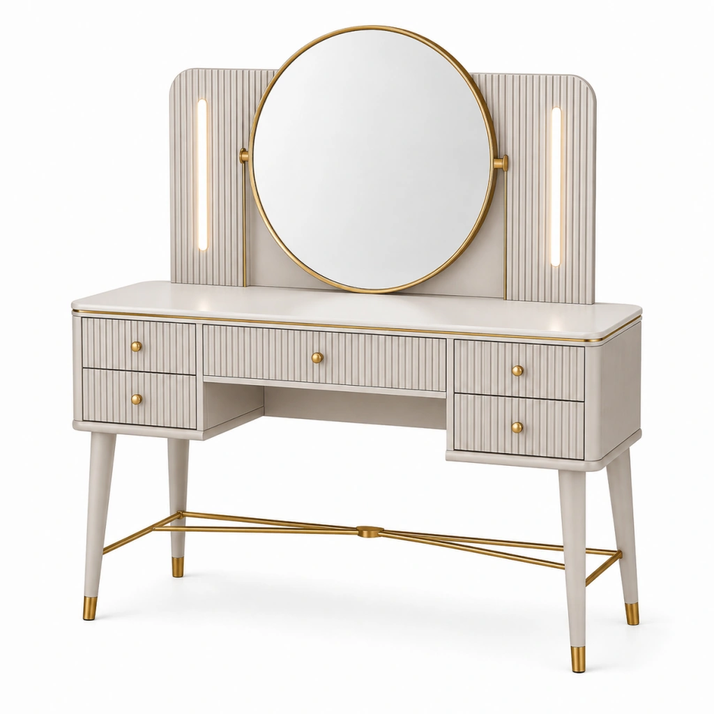 Toeletta con specchio 140 x 50 x 150 cm in legno bianco e oro con cassetti e luci integrate