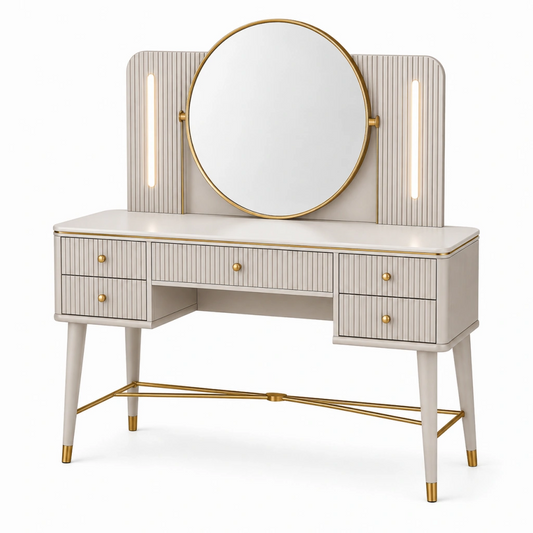 Toeletta con specchio 140 x 50 x 150 cm in legno bianco e oro con cassetti e luci integrate