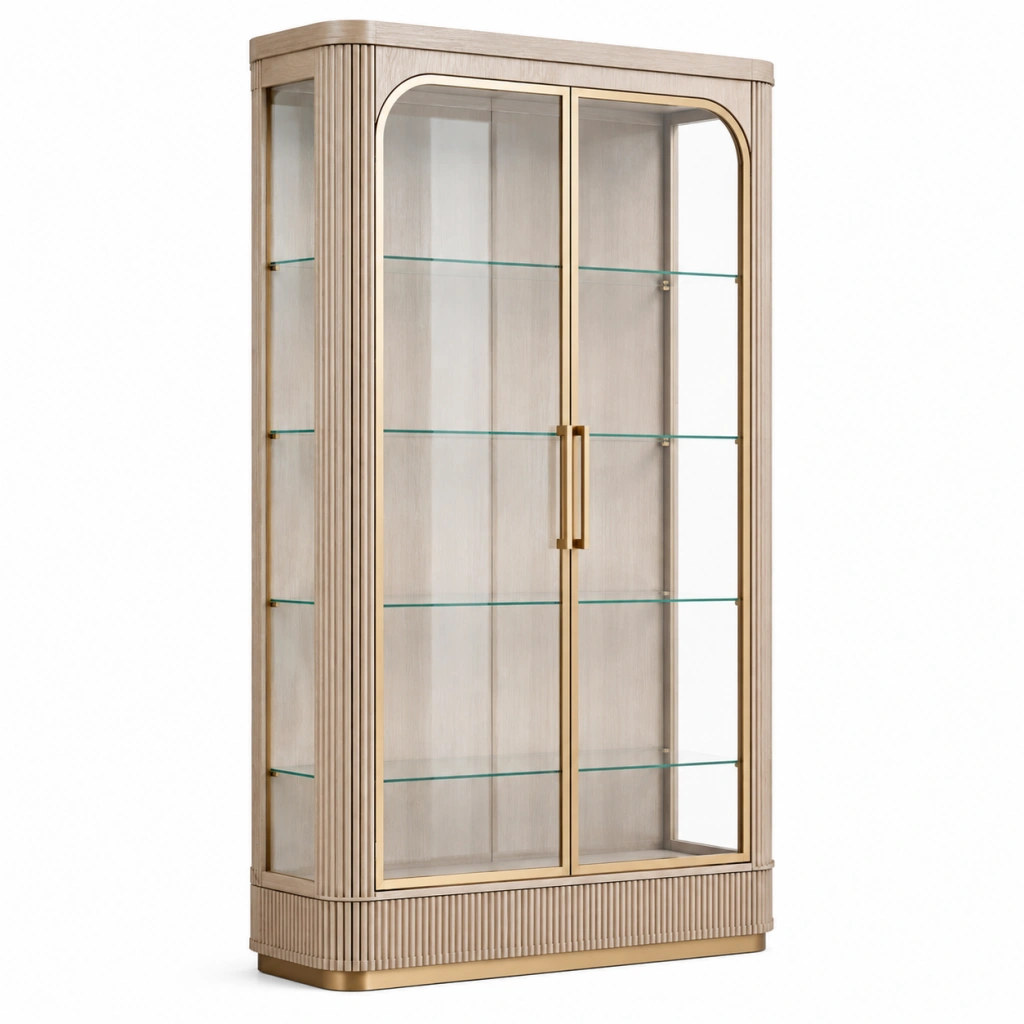 Vetrina 100 x 45 x 190 cm in vetro e legno chiaro con ante dorate stile moderno
