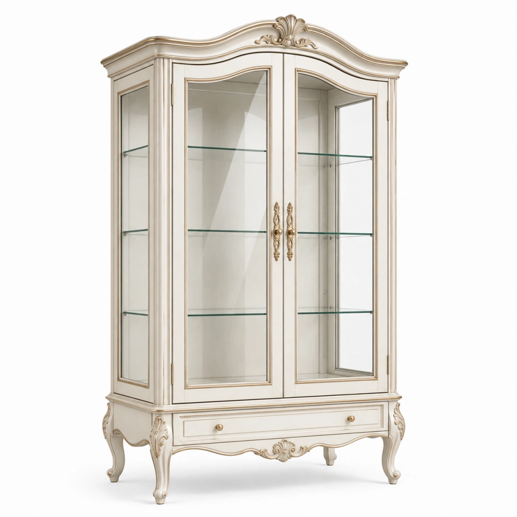 Vetrina 120 x 45 x 210 cm in legno avorio e oro con ante in vetro stile classico
