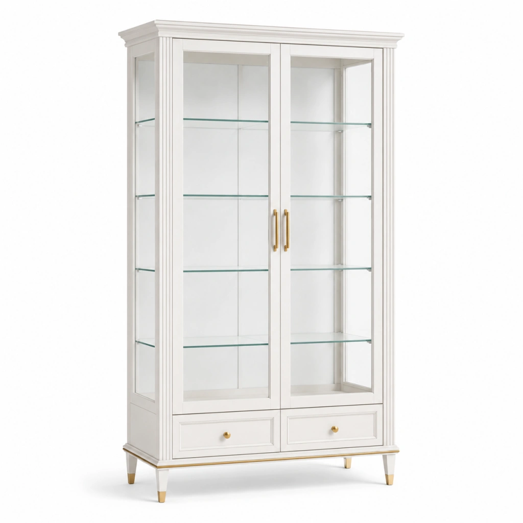 Vetrina 100 x 40 x 190 cm in legno bianco e vetro con 2 ante e 2 cassetti stile classico
