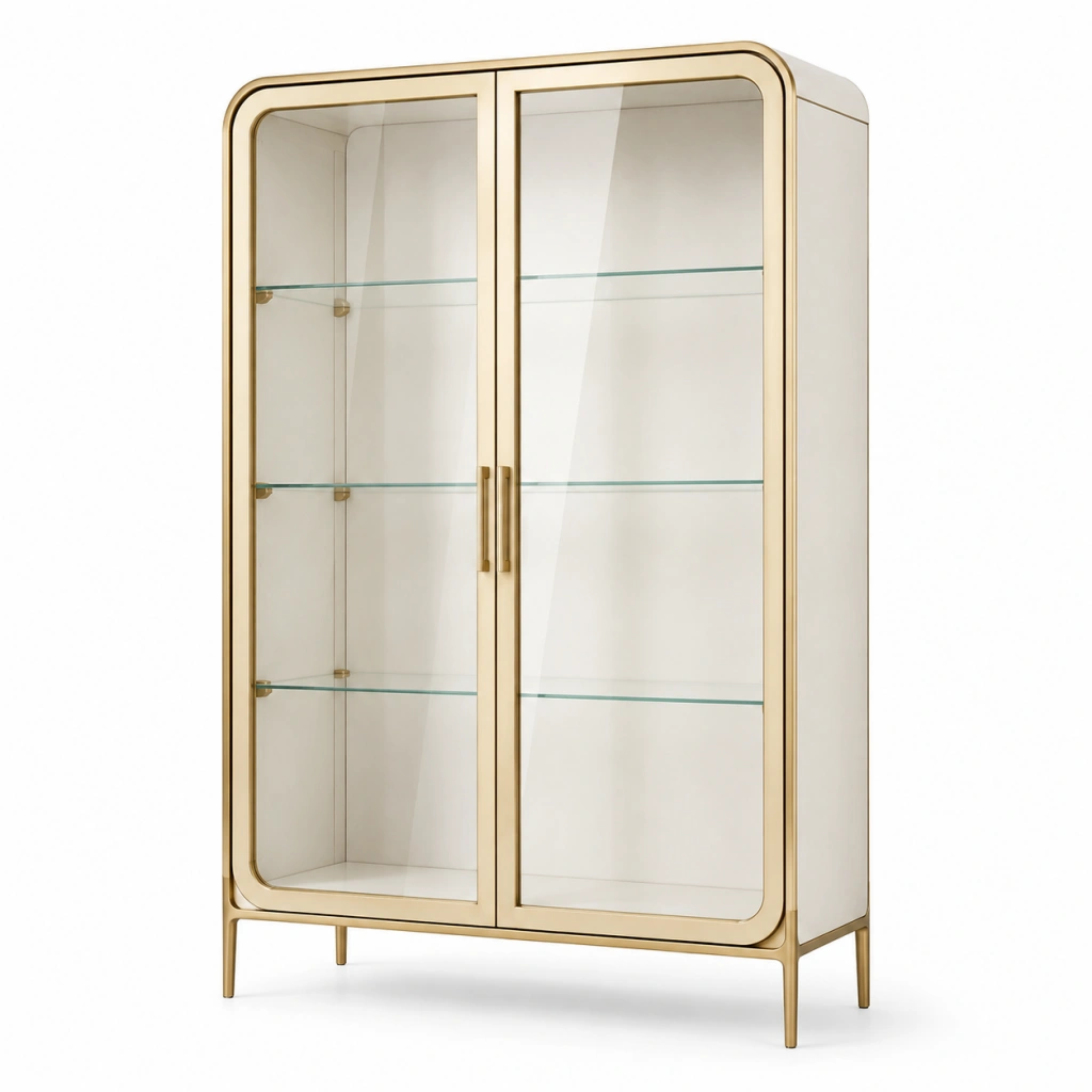 Vetrina 90 x 40 x 180 cm in vetro e legno bianco con finiture dorate - stile moderno